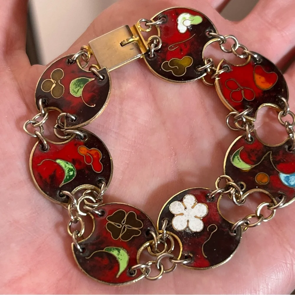 Vintage 60 70 Bohemian Red Enameled Double link made in Taiwan Mod MCM Bracelet - Picture 5 of 16